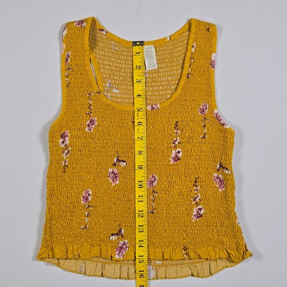 Japna Yellow Smocked Floral Crop Top Size L Square Neck Ruffle Hem Boho Stretchy - Picture 8 of 12